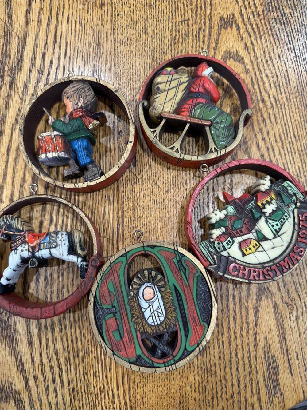 Vintage 1975 Hallmark Ornaments Joy,Santa, Peace,Drummer, Horse Lot (5)
